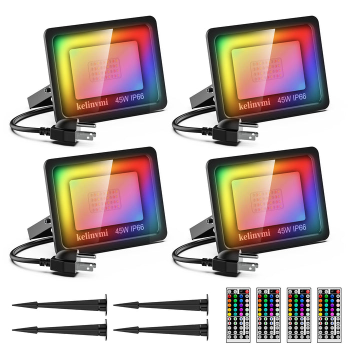 KELINVMI 45W LED RGB Flood Lights,500W Equivalent Outdoor Dimmable Color Changing Floodlight with 44 Keys Remote, IP66 Lighting with US Plug for Indoor, Party, Garden, Landscape, Stage Lights (4 pack)
