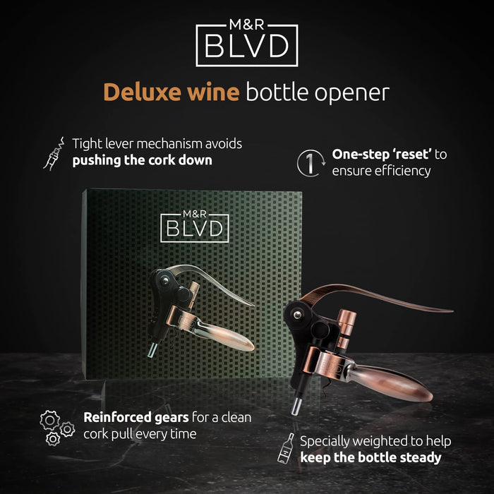 Wine Bottle Opener by M&R Blvd. - Professional Grade, Deluxe Screwpull Lever Corkscrew - Premium Bar Accessory & Wine  - Copper