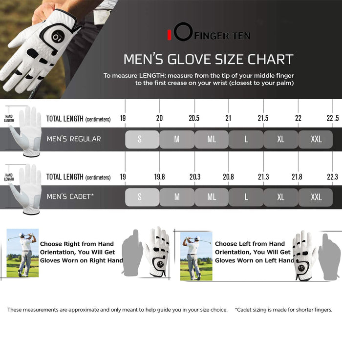 FINGER TEN Men’s Golf Glove Left Hand Right with Ball Marker Value 2 Pack, Weathersof Grip Soft Comfortable, Fit Size Small Medium ML Large XL
