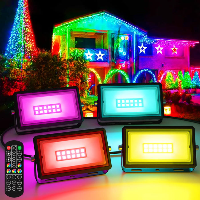 nipify 【4 Packs】 32W RGB Flood Lights Outdoor 300W Equiv, RGB Flood Light with Remote Control Color Changing Flood Lights Outdoor Dimmable,Timing,IP66 Waterproof Led Stage Light Uplighting Spotlight