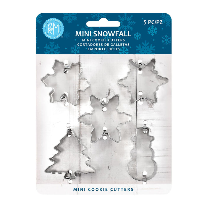 R&M International Mini Snowfall Cookie Cutters, Snowman, Tree, 3 Snowflakes, 5-Piece Set