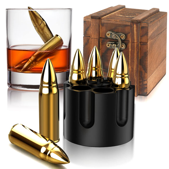 Bullet Ice Cube for Whiskey, Steel Ice Cube Stones Whiskey Stones Bullets  with Base, Set of 6 Whiskey Bullets Shaped Stainless Steel Chilling Whiskey