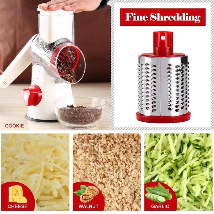  Ourokhome Rotary Cheese Grater Shredder - 3 Drum Blades Manual  Speed Round Food Slicer Nut Grinder with Strong Suction Base for Cheese,  Vegetable, Walnut, Chocolate, Potato, Carrot, White Gray: Home 