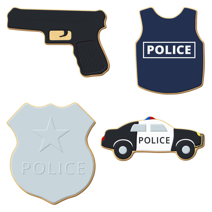Foose Cookie Cutters Police 4 Piece Set Police Badge, Police Car, Hand Gun, Bullet Proof Vest, Hand Made in the USA