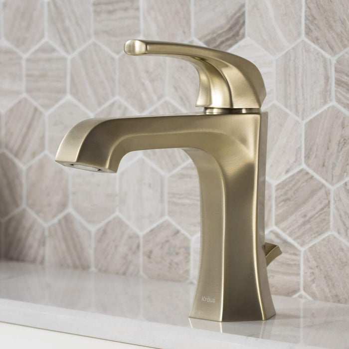 Kraus KBF-1211BG Esta Single Handle Basin Bathroom Faucet with Lift Rod Drain, Brushed Gold