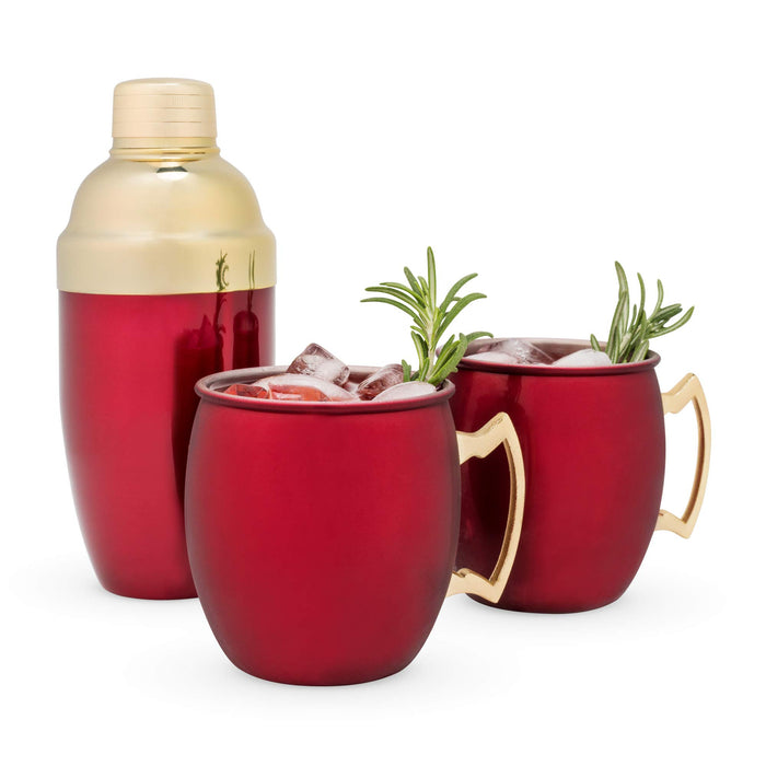 Twine Red Moscow Mule Mug and Cocktail Shaker  Set, Holiday Barware s, Cobbler Shaker, Mule Mugs, Red, Gold, Stainless Steel