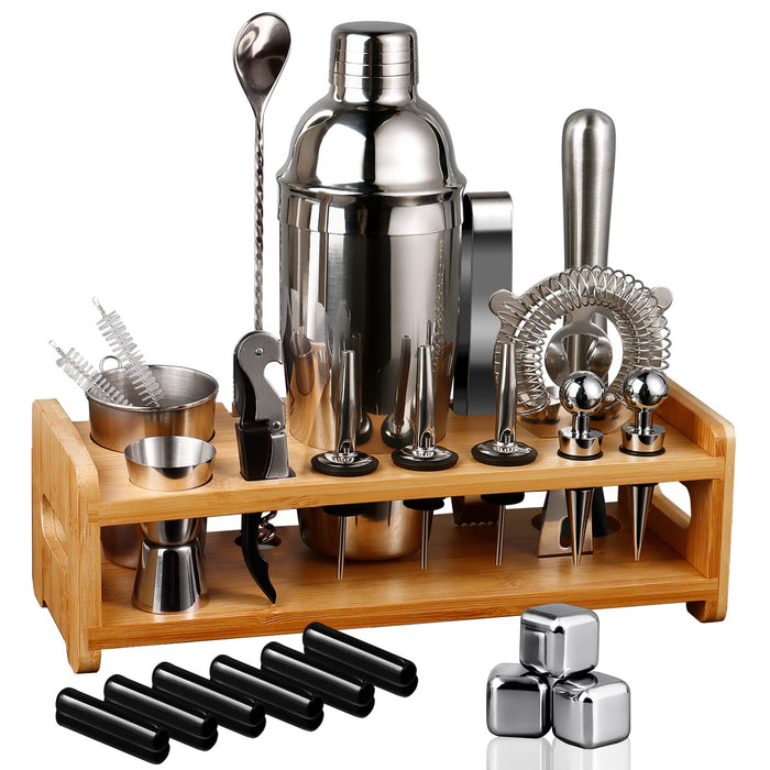 26-Piece Bartenders Kit Cocktail Shaker Set | Stainless Steel Bar Set with Bamboo Stand Bar Tools Cocktail Kit for Drink Mixing