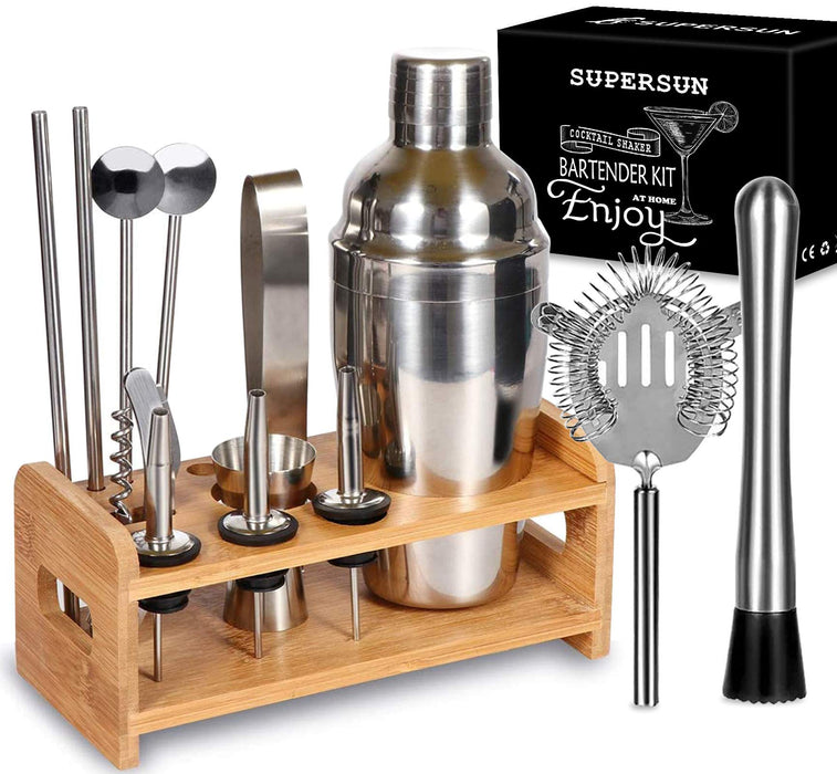 Cocktail Shaker Set with Stand, 15 Piece Bartenders Kit Home Bar Accessories - Martini Shaker with Built-in Strainer, Muddler