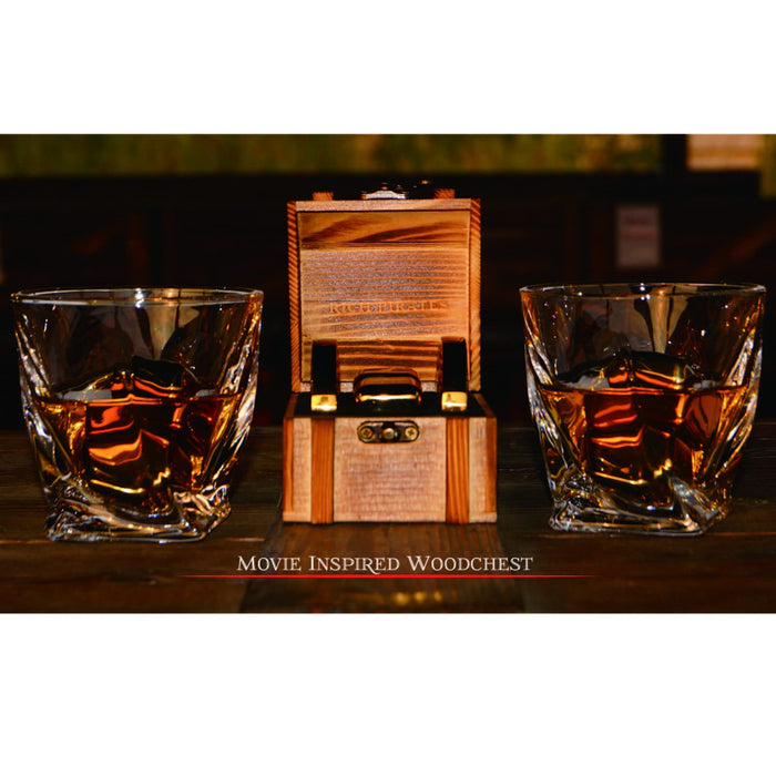 New Pirate Themed Gold Whiskey Coin and Cube Set, Stainless Steel Whiskey Chilling Stones | 4pc Set with Wooden Chest | Whiskey