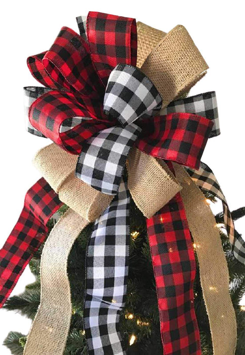 Christmas Tree Topper Large Buffalo Plaid Burlap Red and Black Bow for Xmas Tree Handmade Holiday Party Decorations13 x 17 Inch