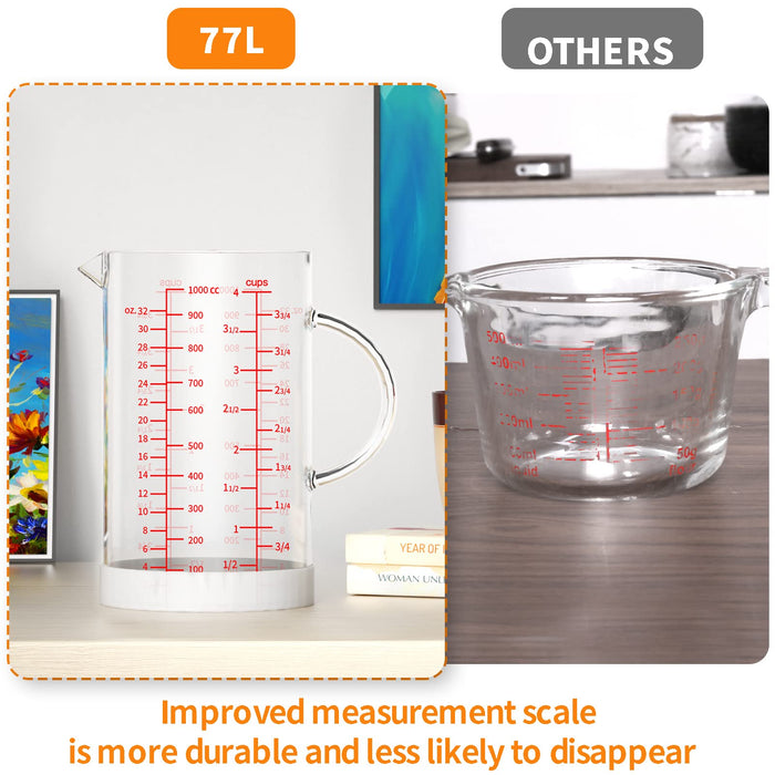 Glass Measuring Cup, [Insulated handle, V-Shaped Spout], 77L High  Borosilicate Glass Measuring Cup for Kitchen or Restaurant, Easy To Read,  1000 ML (1