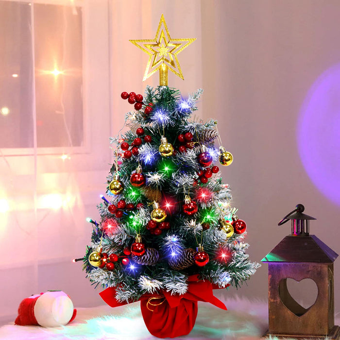 CYAOOI 24" Mini Christmas Tree, Artificial Small Christmas Tree with FourColor LED String Lights, Tabletop Christmas Tree with Pine Cones Christmas Balls Ornaments for Christmas Decorations
