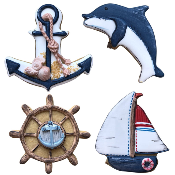 LILIAO Nautical Cookie Cutter Set - 4 Piece - Anchor, Sailboat, Rudder and Dolphin Biscuit Fondant Cutters - Stainless Steel