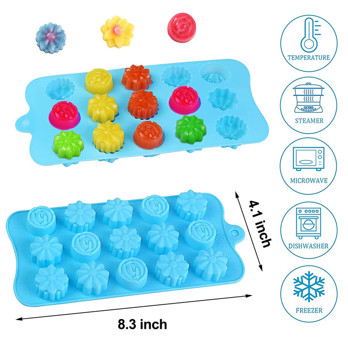 Flower Shape Chocolate Molds Candy Molds for Baking Sweet Treats,15 Cavity Non-Stick Silicone Baking Molds Ice Cubes for Wedding,Festival,Party and DIY Crafts, 6 Pack