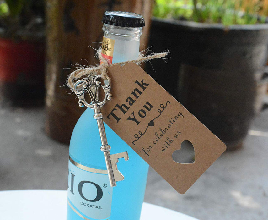 50 Pcs Silver Skeleton Key Beer Bottle Opener With 100 Pcs Thank You Card and 98 Feet Hemp Rope for Wedding Party Favors