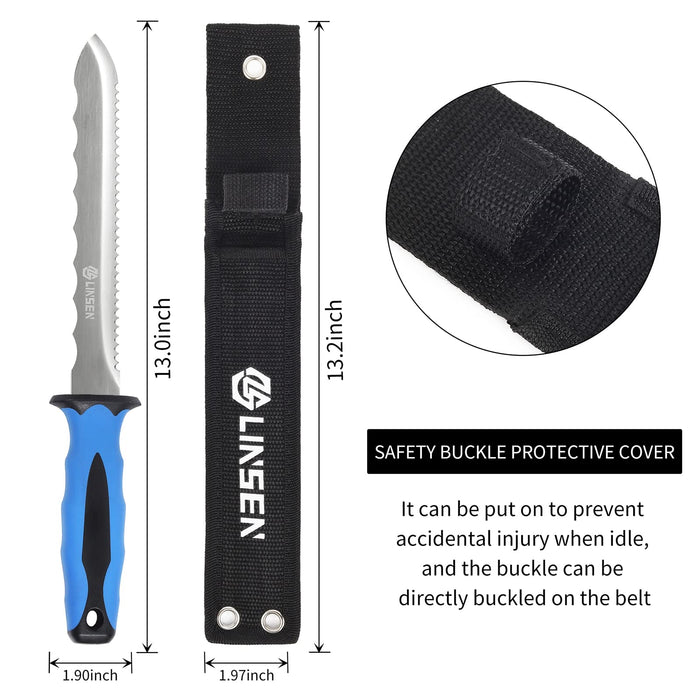 Linsen-Outdoor Stainless Steel Garden Knife with 7.8" Blade and New Bule Handle, Double Side Utility Sod Cutter Lawn Repair Garden Knife with Nylon Sheath
