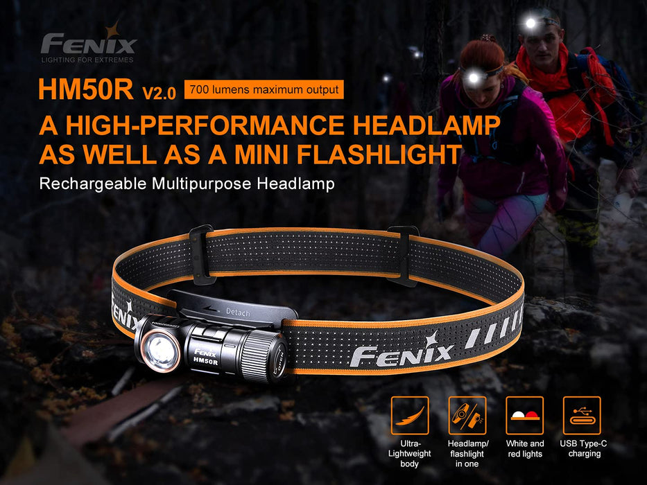 Power Bundle: Fenix HM50R v2.0 Headlamp Bundle with 2X ARB-L16, 700 Lumen USB-C Rechargeable, Lightweight with Red Light and Lumentac Organizer - 2