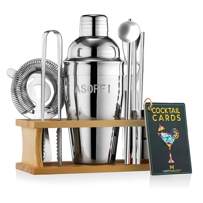 ASOFFI Bartenders Kit with Stand, 8 Pcs Stainless Steel Cocktail Shaker Set Includes Martini Shaker, Spoon, Muddler, Tongs, Jigger