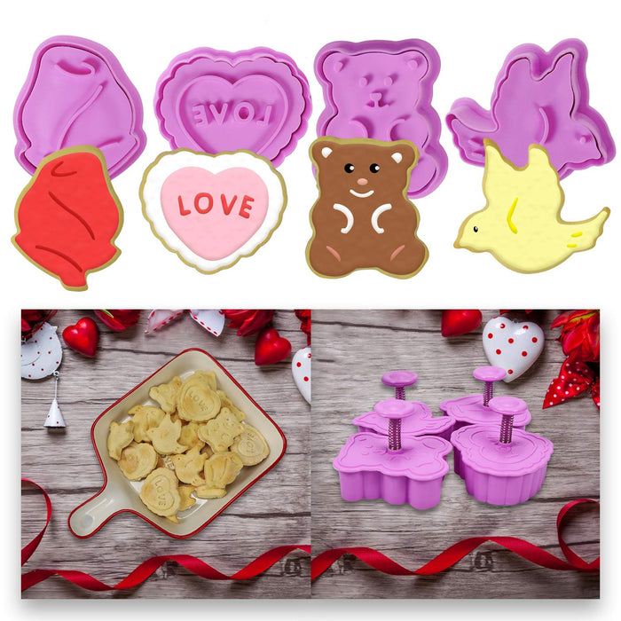 Mini Valentine's Day Heart Cookie Cutters Set, 3D Valentines Biscuit Fondant Cutter - Heart Shaped, Bear, Rose, Lovebird