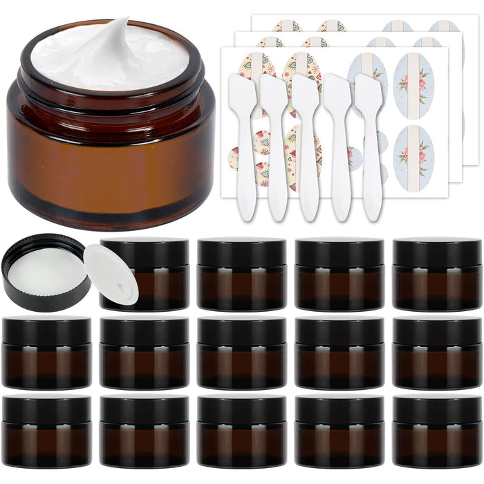 2 oz Amber Glass Jars,15 Pack Empty Cosmetic Containers with Inner Liners  and Black Lids,Refillable Round Cream Jars for Lotion,Ointments,Bath  Salts,Makeup,Slime and Travel