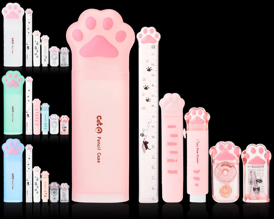 Meanplan 24 Pcs Cat Paw Stationery Set Include Cute Cat Pencil Sharpener Cat Claw Correction Tape Cat Paw Pencil Case Retractable Erasers Kawaii School Supplies for Girls Kids Cat Lover