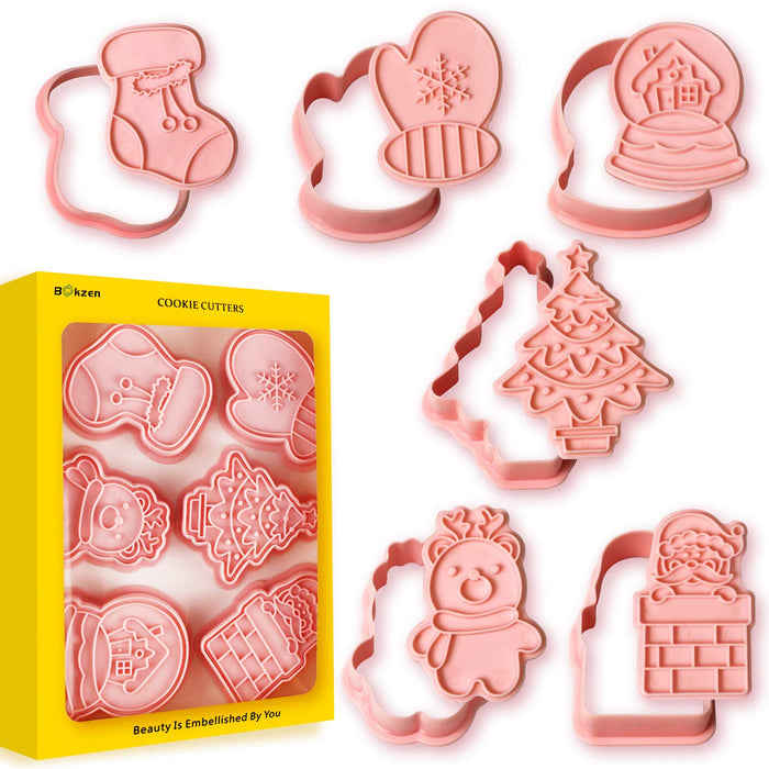 Bokzen Christmas Cookie Cutters Shapes, 6 PCS 3D Pressable Biscuit Cutters Set - Xmas Tree, Glove, Reindeer, Santa, Sock, House