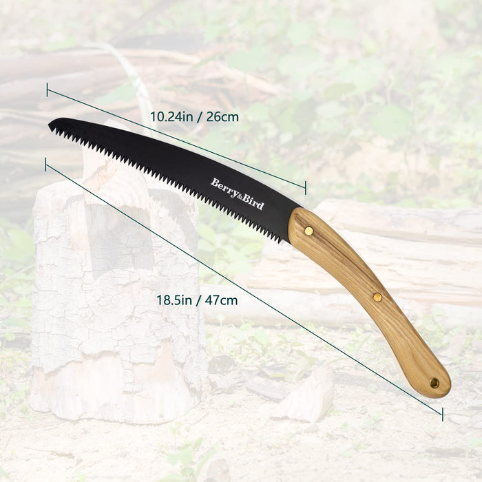 Berry&Bird Hand Pruning Saw, 10-Inch Curved Blade Pruning Saw, Hand Saw with SK-5 Carbon Steel Blade & Ergonomic Wooden Handle, Wood Pruning Saw with Leather Safety Sheath for Trimming Wood, Camping