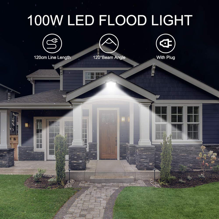 Royana 2pack 100W LED Flood Light Outdoor with Plug,IP65 Waterproof LED Work Lights,6000K 10000LM Super Bright Security Light,Daylight White Portable - 4