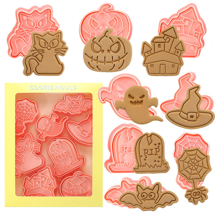 Crethinkaty Halloween Cookie Cutters-8Pieces Halloween Cookie Cutters and Stamps,Plastic Halloween Cookie Cutter