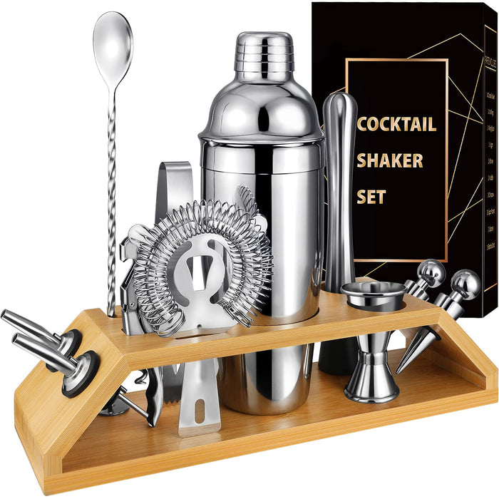 Cocktail Shaker Set 750ml Stainless Steel Cocktail Shaker 12 Piece Cocktail  Set Bar Tool Cocktail Set With Wooden Stand
