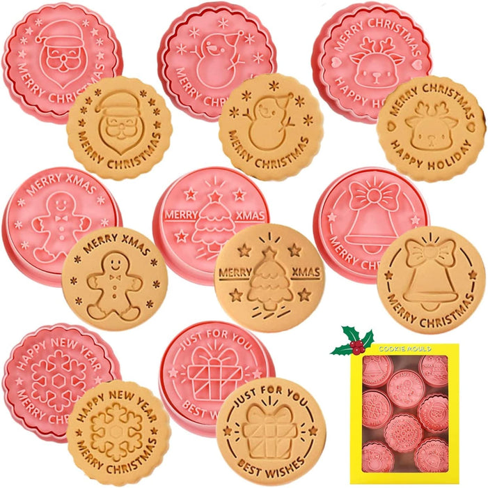 Crethinkaty Christmas Cookie Cutters and Stamps - 8 Pieces Christmas Cookie Cutters,Christmas Plastic Cookie Cutters for Baking