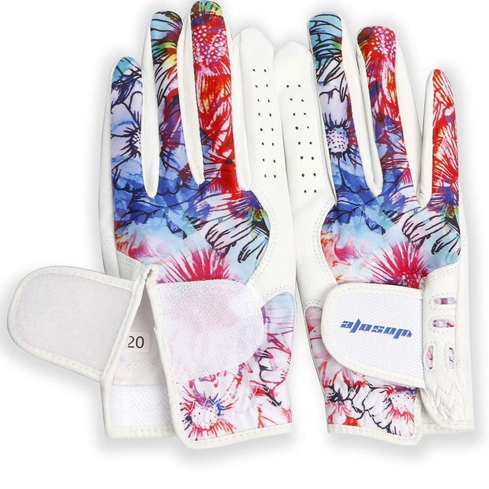 wosofe Golf Glove Women Ladies Pair Cool Leather Both Hand Summer Floral Colorful Breathable Sport Gloves