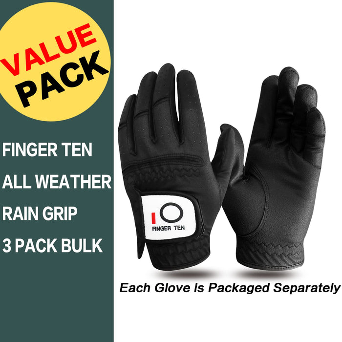 FINGER TEN Golf Gloves Men Left Hand Rain Grip Value 3 Pack, All Weather Durable Grip Size Small Medium Large XL White Black Blue Red Brown