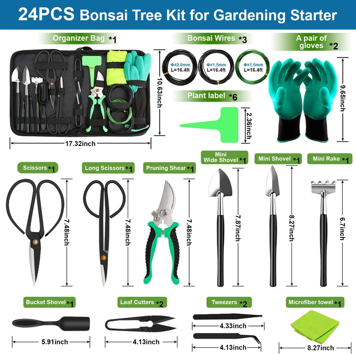 Bonsai Tools Kit- 24 PCS Bonsai Tree Kit Tools for Beginners, Bonsai Tool Set Bonsai Starter Trimming Care Kit Include Pruning Shears, Scissors, PU Leather Bag, Bonsai Pruning Kit for Women & Men