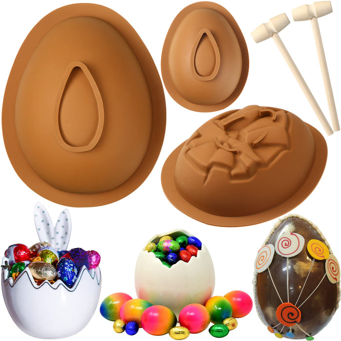 3 Pcs 3D Easter Egg Silicone Mold for Chocolate with 2 Pcs Wooden Hammer Large Breakable Egg Shaped Chocolate Mold for Easter Party Decoration Candy Dessert Baking Mousse Cake DIY