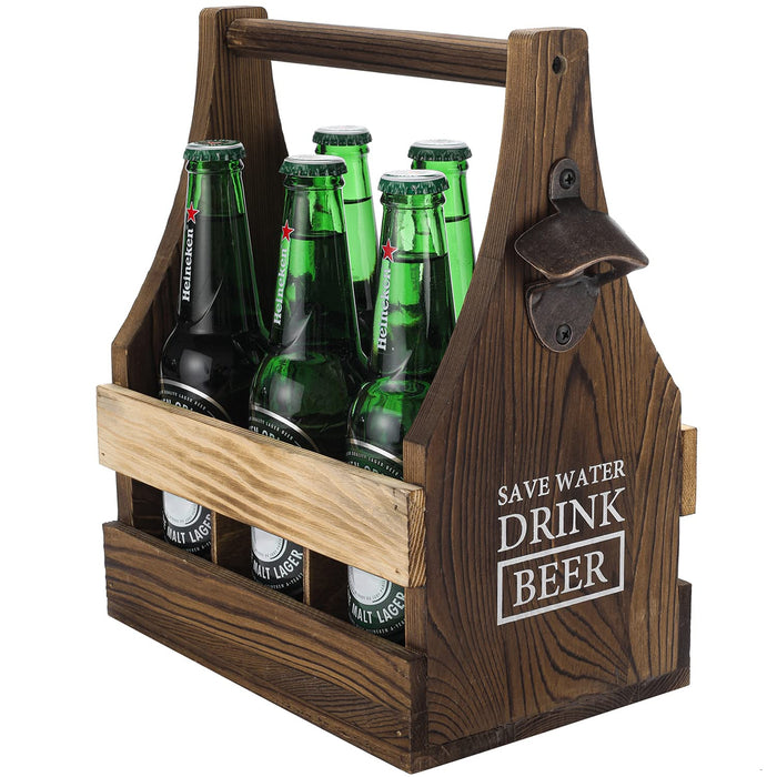 My Rustic Burnt Wood Beer Bottle Holder Caddy, Wooden Six-Pack Beverage Carrier with Built-In Metal Opener and Carrying Handle