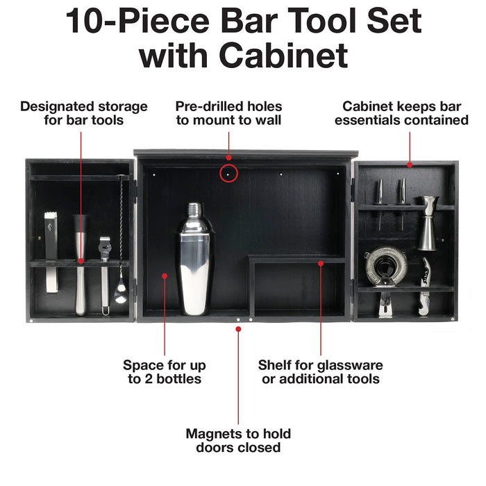 Excello Global Products Barndoor Bartenders Cabinet with 10 Piece Bar Tool Set: The Perfect Kit for Home Bartenders (Black)