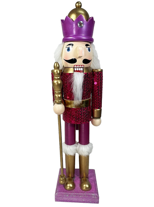 Fuschia Pink Sequin Traditional King Large Unique Decorative Holiday Season Wooden Christmas Nutcracker and Tree Ornament