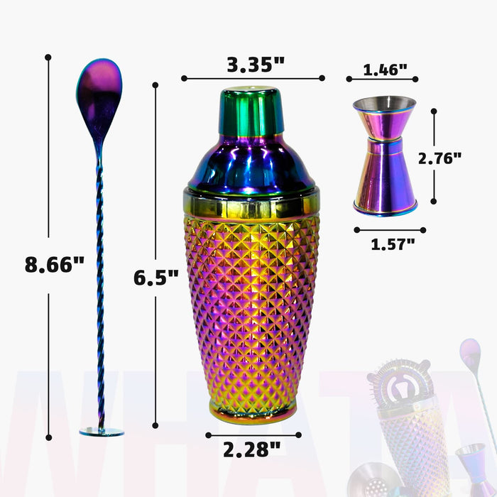 WhatAmug Cocktail Shaker Set, Electroplating Colorful Bartenders Kit with 12.8OZ Cocktail Shaker Mixing Spoon Double Jigger