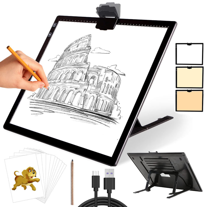 Perzodo A4 LED Light Pad for Diamond Painting, Super Bright USB Powered Light Board Kit with Detachable Stand, and Black Pad Clip