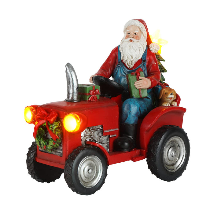 DUSVALLY Christmas Santa & Tractor Figurine Decoration Table Statue with Led Lightup for Kid & Adult, Vintage Red Car & Santa Resin Sculpture for Home & Office, 6.5''H
