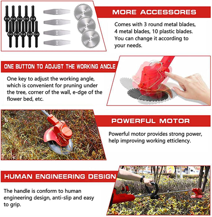 Weed Wacker Cordless Grass Trimmer Weed Eater Electric Brush Cutter Quick Charger Cordless Lightweight Electric Edger Lawn Tool for Lawn Garden Pruning and Trimming(Red)