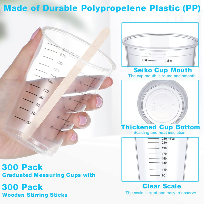 100 PACK Plastic Measuring Cups, 8 oz Disposable Mixing Cups with 100  Wooden Mixing Sticks, Can Be Used for Epoxy Resin, Liquid Measuring, Paint