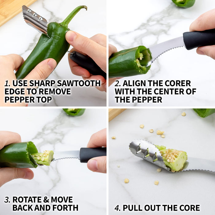 Uniques 2in1 Jalapeno orer Tool Stainless Steel Pepper Seed Remover Tool with Serrated Edges Soft Rubber Handle Jalapeno Pepper