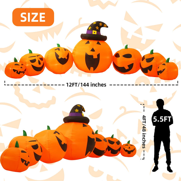 (Extra Long & Large) 12Ft Halloween Inflatables Outdoor Decorations 7 Pumpkins With 1 Witch Hat With Build-In Led Lights Blow Up