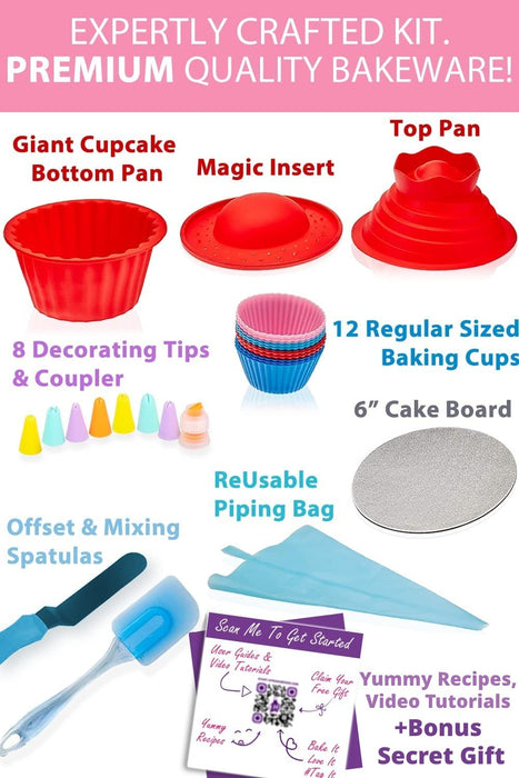 RUAFOX Giant Cupcake Pan- Carbon Steel Baking Mold Perfect 2-Sided Jumbo 3D Cup Cake Tin - Complete with Premium 8 Icing Spatula