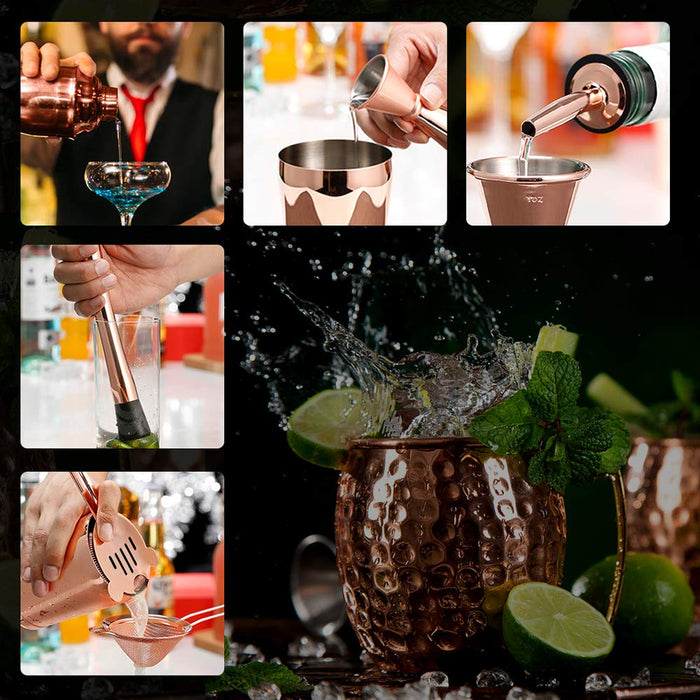 Cocktail Shaker Bartenders 16-Piece Bar Set, Stainless Steel Rose Gold Martini Shaker, Mixing Spoon, Muddler, Measuring Jigger