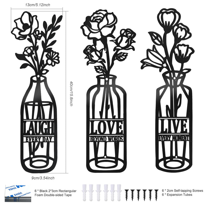FODIENS 3 Pieces Metal Flowers Wall Art Decor, Minimalist Live Love Laugh Vase Black Wall Sculptures, Rustic Metal Floral