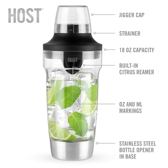 HOST All in One Cocktail Shaker Set | 5 in 1 Tool - Jigger Cap | Strainer | Reamer | Stainless Steel Bottle Opener and Oz and mL