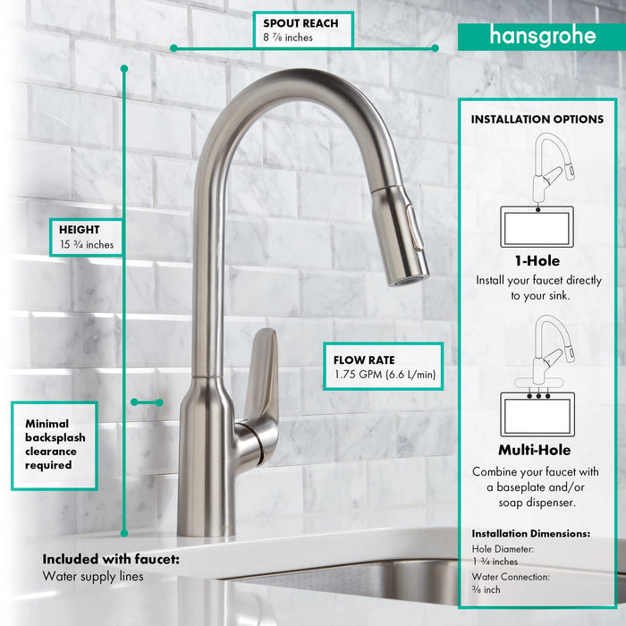 hansgrohe Focus N High Arc Kitchen Faucet 1-Handle 16-inch Tall Pull Down Sprayer Easy Clean in Stainless Steel Optic, 71800801